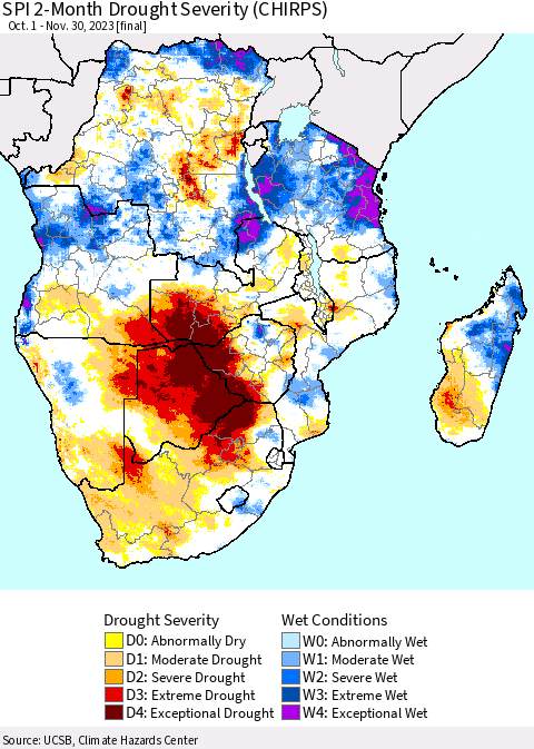 Southern Africa SPI 2-Month Drought Severity (CHIRPS) Thematic Map For 10/1/2023 - 11/30/2023