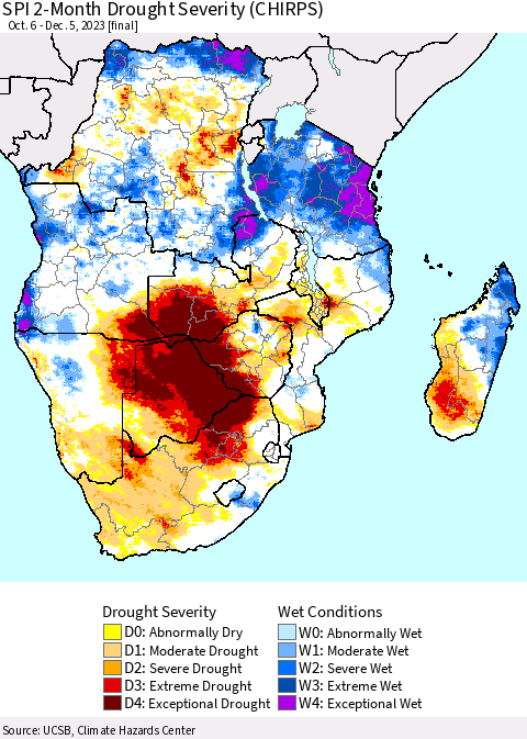 Southern Africa SPI 2-Month Drought Severity (CHIRPS) Thematic Map For 10/6/2023 - 12/5/2023