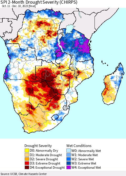 Southern Africa SPI 2-Month Drought Severity (CHIRPS) Thematic Map For 10/11/2023 - 12/10/2023