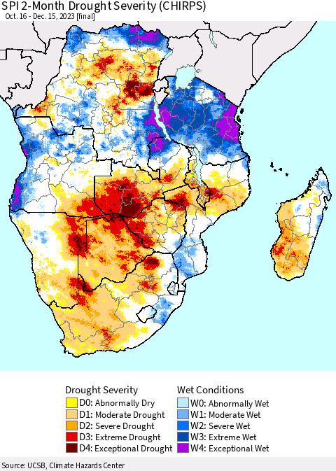 Southern Africa SPI 2-Month Drought Severity (CHIRPS) Thematic Map For 10/16/2023 - 12/15/2023