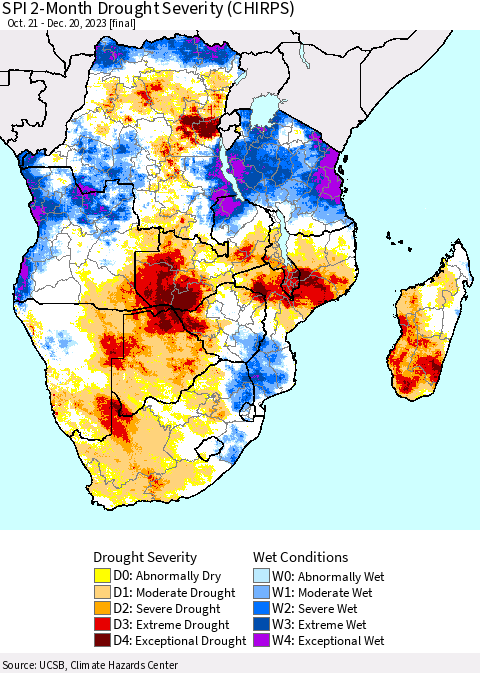Southern Africa SPI 2-Month Drought Severity (CHIRPS) Thematic Map For 10/21/2023 - 12/20/2023
