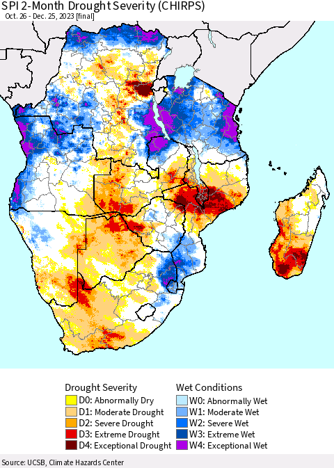 Southern Africa SPI 2-Month Drought Severity (CHIRPS) Thematic Map For 10/26/2023 - 12/25/2023