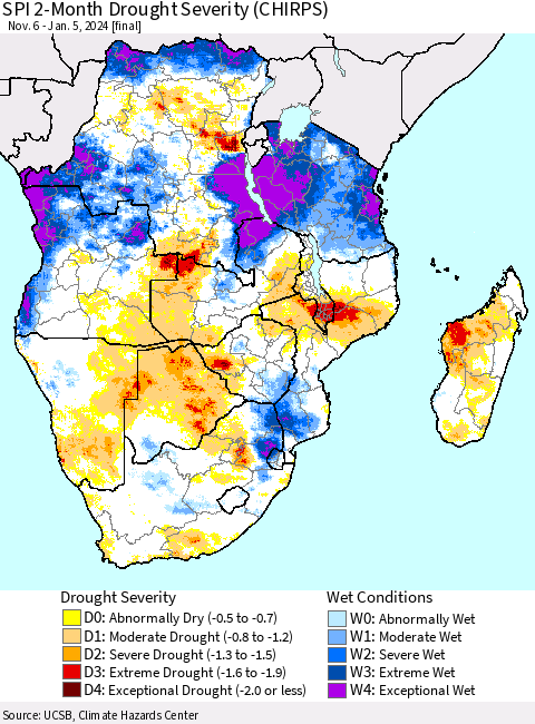 Southern Africa SPI 2-Month Drought Severity (CHIRPS) Thematic Map For 11/6/2023 - 1/5/2024