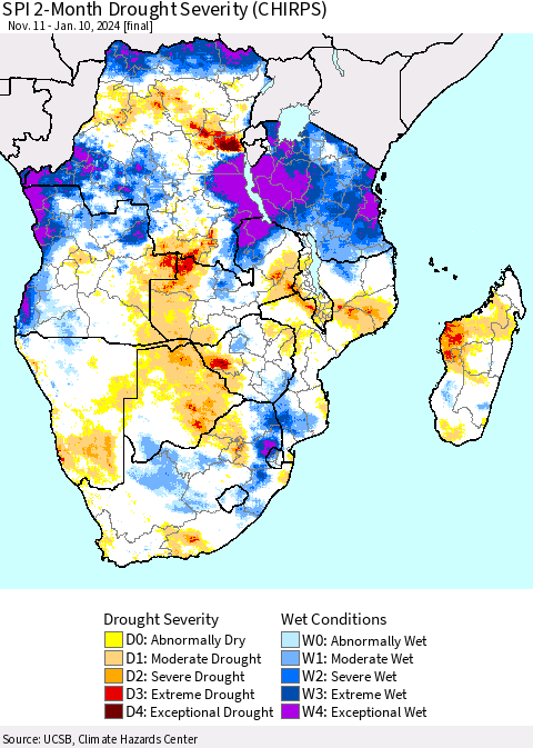 Southern Africa SPI 2-Month Drought Severity (CHIRPS) Thematic Map For 11/11/2023 - 1/10/2024