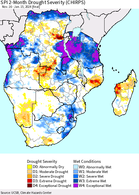 Southern Africa SPI 2-Month Drought Severity (CHIRPS) Thematic Map For 11/16/2023 - 1/15/2024