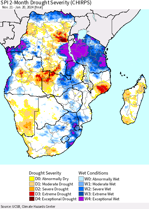 Southern Africa SPI 2-Month Drought Severity (CHIRPS) Thematic Map For 11/21/2023 - 1/20/2024