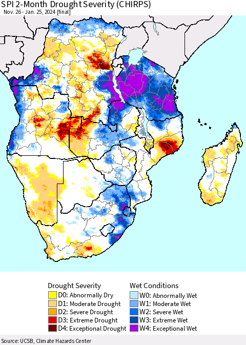 Southern Africa SPI 2-Month Drought Severity (CHIRPS) Thematic Map For 11/26/2023 - 1/25/2024