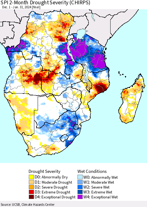 Southern Africa SPI 2-Month Drought Severity (CHIRPS) Thematic Map For 12/1/2023 - 1/31/2024