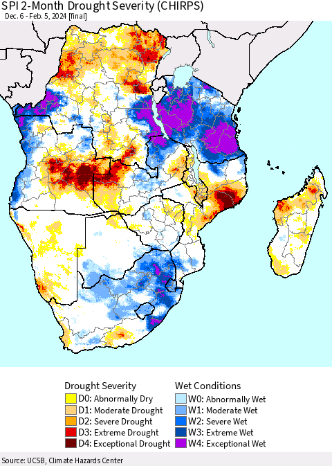 Southern Africa SPI 2-Month Drought Severity (CHIRPS) Thematic Map For 12/6/2023 - 2/5/2024