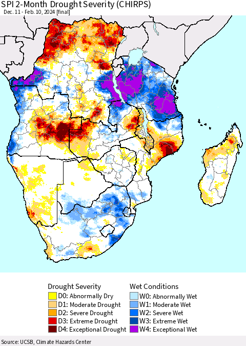 Southern Africa SPI 2-Month Drought Severity (CHIRPS) Thematic Map For 12/11/2023 - 2/10/2024