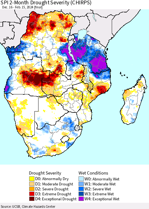Southern Africa SPI 2-Month Drought Severity (CHIRPS) Thematic Map For 12/16/2023 - 2/15/2024