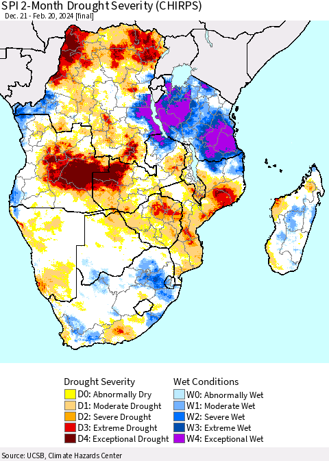 Southern Africa SPI 2-Month Drought Severity (CHIRPS) Thematic Map For 12/21/2023 - 2/20/2024