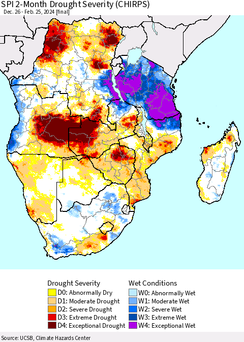 Southern Africa SPI 2-Month Drought Severity (CHIRPS) Thematic Map For 12/26/2023 - 2/25/2024