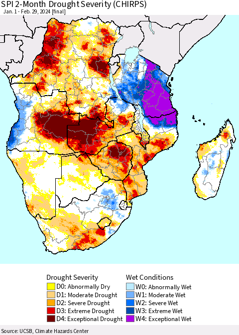 Southern Africa SPI 2-Month Drought Severity (CHIRPS) Thematic Map For 1/1/2024 - 2/29/2024