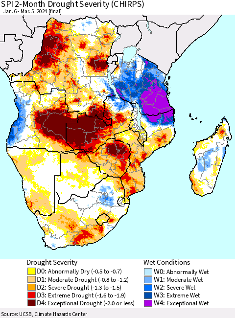 Southern Africa SPI 2-Month Drought Severity (CHIRPS) Thematic Map For 1/6/2024 - 3/5/2024