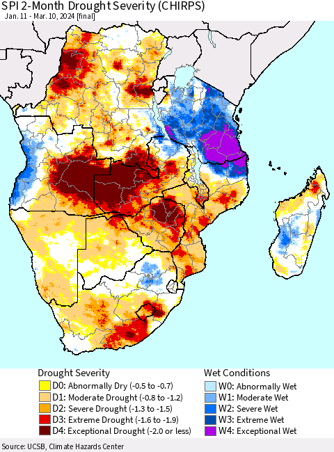 Southern Africa SPI 2-Month Drought Severity (CHIRPS) Thematic Map For 1/11/2024 - 3/10/2024