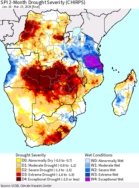 Southern Africa SPI 2-Month Drought Severity (CHIRPS) Thematic Map For 1/16/2024 - 3/15/2024