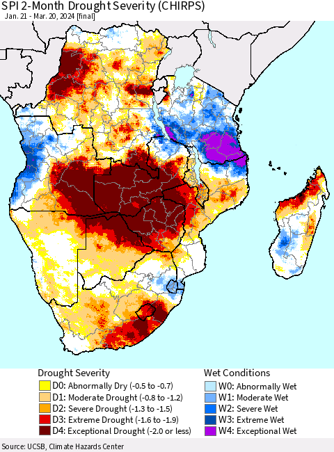 Southern Africa SPI 2-Month Drought Severity (CHIRPS) Thematic Map For 1/21/2024 - 3/20/2024