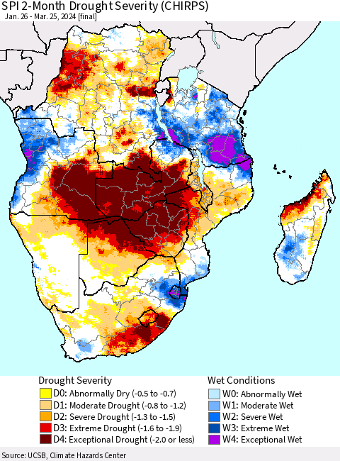 Southern Africa SPI 2-Month Drought Severity (CHIRPS) Thematic Map For 1/26/2024 - 3/25/2024