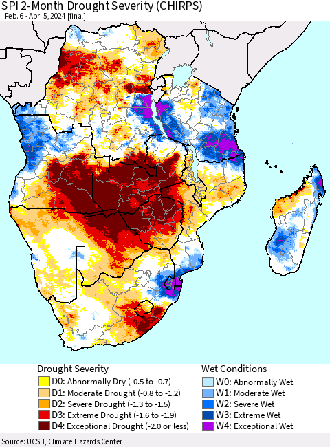 Southern Africa SPI 2-Month Drought Severity (CHIRPS) Thematic Map For 2/6/2024 - 4/5/2024