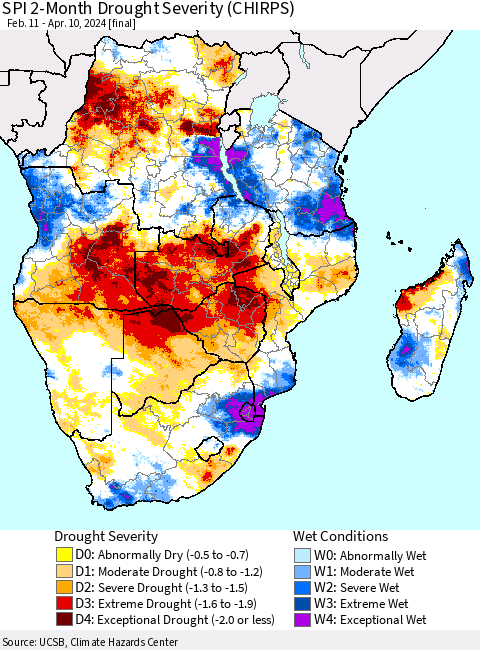 Southern Africa SPI 2-Month Drought Severity (CHIRPS) Thematic Map For 2/11/2024 - 4/10/2024