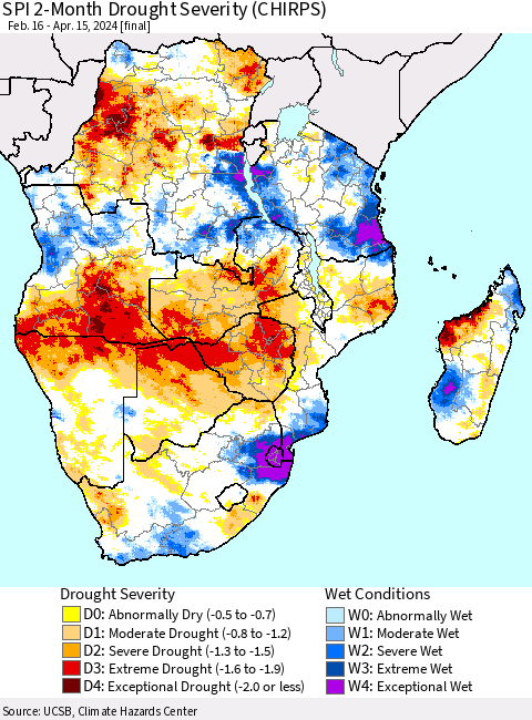 Southern Africa SPI 2-Month Drought Severity (CHIRPS) Thematic Map For 2/16/2024 - 4/15/2024