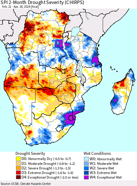 Southern Africa SPI 2-Month Drought Severity (CHIRPS) Thematic Map For 2/21/2024 - 4/20/2024