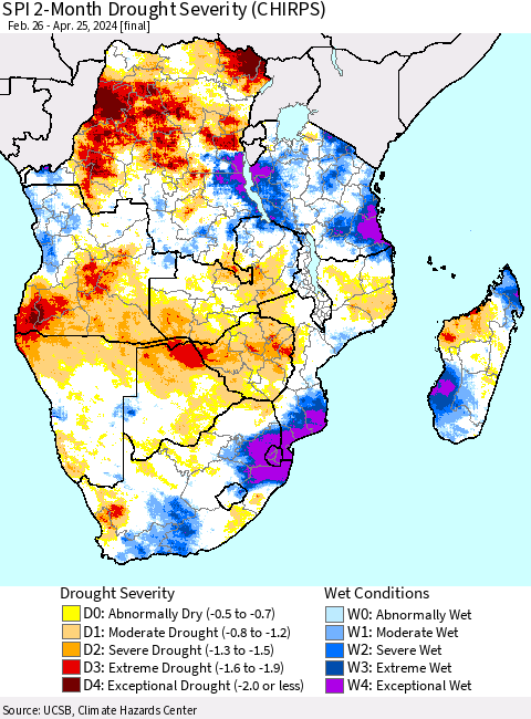 Southern Africa SPI 2-Month Drought Severity (CHIRPS) Thematic Map For 2/26/2024 - 4/25/2024