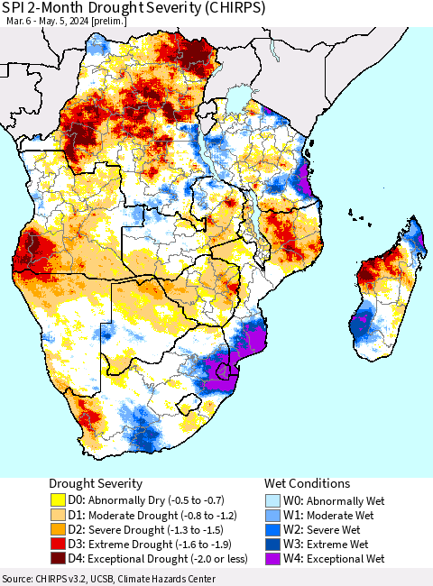 Southern Africa SPI 2-Month Drought Severity (CHIRPS) Thematic Map For 3/6/2024 - 5/5/2024