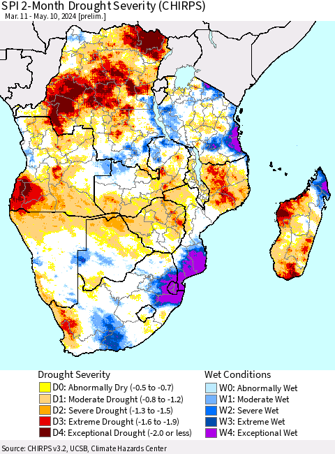 Southern Africa SPI 2-Month Drought Severity (CHIRPS) Thematic Map For 3/11/2024 - 5/10/2024