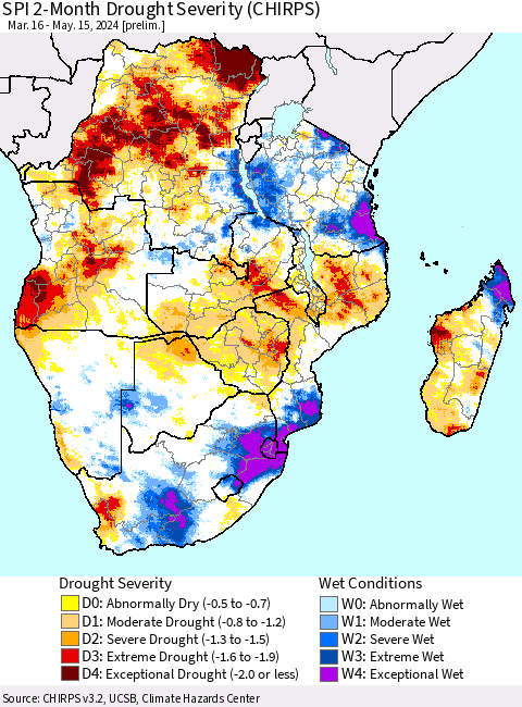 Southern Africa SPI 2-Month Drought Severity (CHIRPS) Thematic Map For 3/16/2024 - 5/15/2024