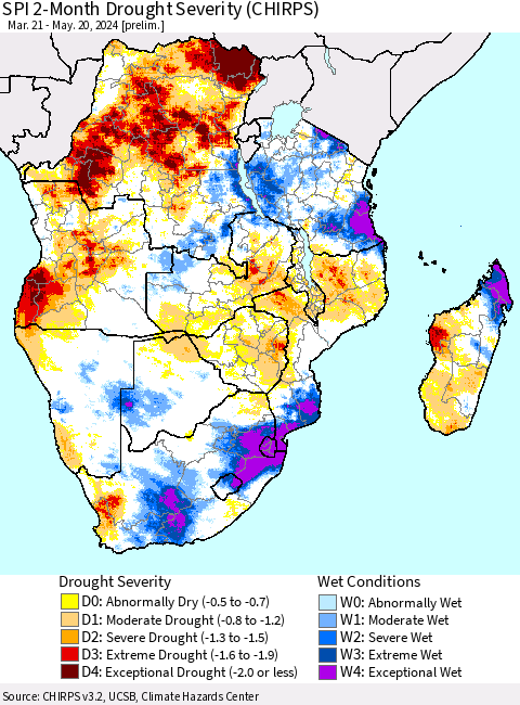 Southern Africa SPI 2-Month Drought Severity (CHIRPS) Thematic Map For 3/21/2024 - 5/20/2024