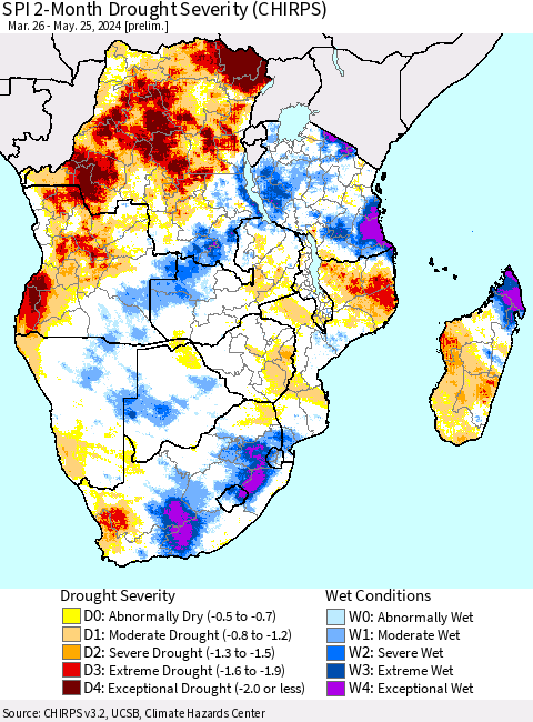 Southern Africa SPI 2-Month Drought Severity (CHIRPS) Thematic Map For 3/26/2024 - 5/25/2024