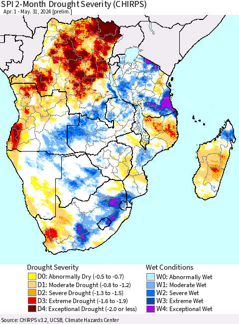 Southern Africa SPI 2-Month Drought Severity (CHIRPS) Thematic Map For 4/1/2024 - 5/31/2024