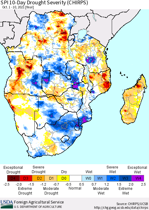 Southern Africa SPI 10-Day Drought Severity (CHIRPS) Thematic Map For 10/1/2021 - 10/10/2021