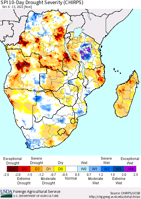 Southern Africa SPI 10-Day Drought Severity (CHIRPS) Thematic Map For 10/6/2021 - 10/15/2021