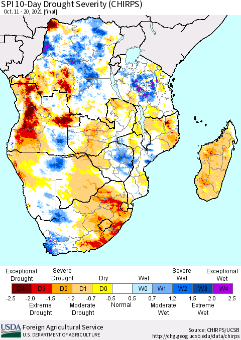 Southern Africa SPI 10-Day Drought Severity (CHIRPS) Thematic Map For 10/11/2021 - 10/20/2021