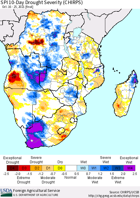 Southern Africa SPI 10-Day Drought Severity (CHIRPS) Thematic Map For 10/16/2021 - 10/25/2021