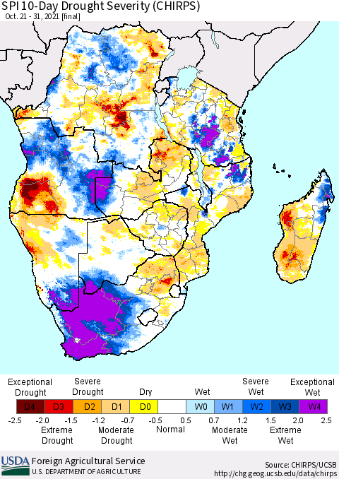 Southern Africa SPI 10-Day Drought Severity (CHIRPS) Thematic Map For 10/21/2021 - 10/31/2021