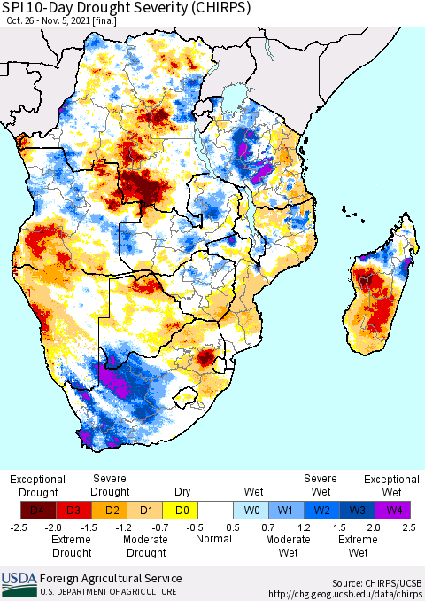 Southern Africa SPI 10-Day Drought Severity (CHIRPS) Thematic Map For 10/26/2021 - 11/5/2021