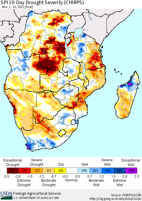 Southern Africa SPI 10-Day Drought Severity (CHIRPS) Thematic Map For 11/1/2021 - 11/10/2021