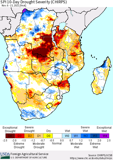 Southern Africa SPI 10-Day Drought Severity (CHIRPS) Thematic Map For 11/6/2021 - 11/15/2021