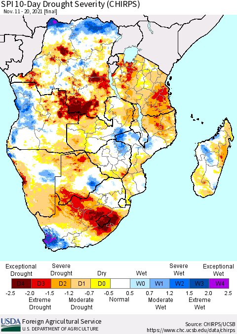 Southern Africa SPI 10-Day Drought Severity (CHIRPS) Thematic Map For 11/11/2021 - 11/20/2021