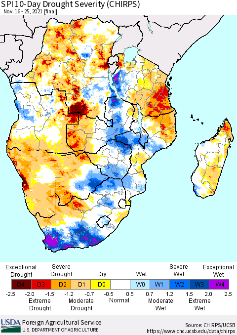 Southern Africa SPI 10-Day Drought Severity (CHIRPS) Thematic Map For 11/16/2021 - 11/25/2021