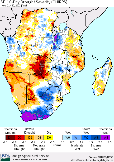 Southern Africa SPI 10-Day Drought Severity (CHIRPS) Thematic Map For 11/21/2021 - 11/30/2021