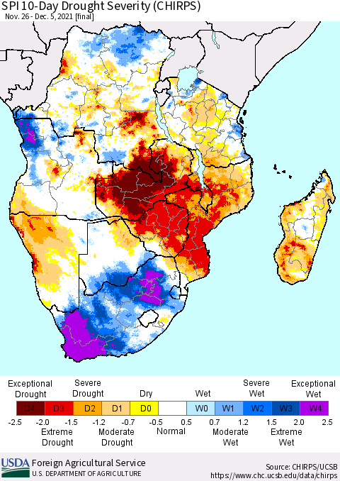 Southern Africa SPI 10-Day Drought Severity (CHIRPS) Thematic Map For 11/26/2021 - 12/5/2021
