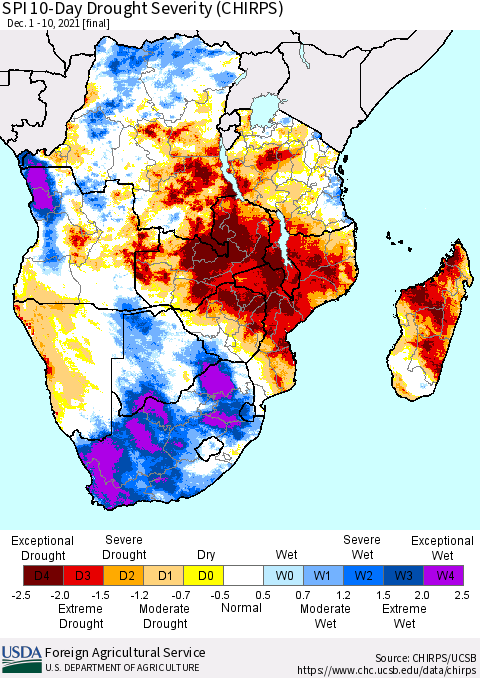 Southern Africa SPI 10-Day Drought Severity (CHIRPS) Thematic Map For 12/1/2021 - 12/10/2021