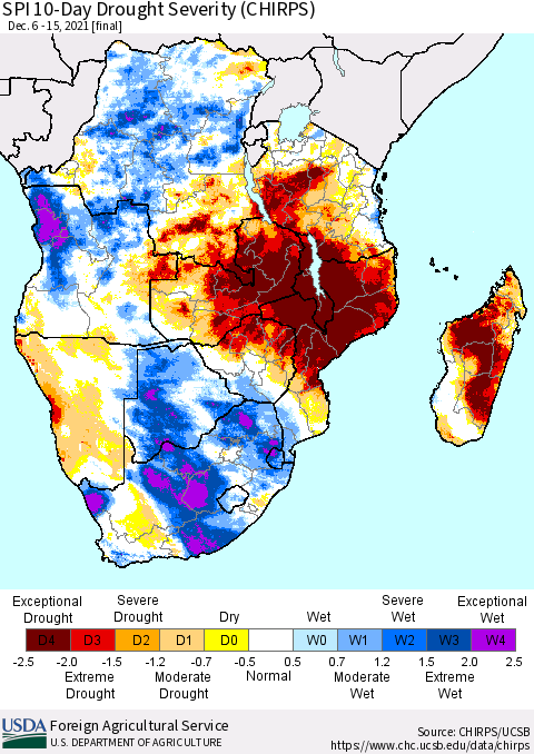 Southern Africa SPI 10-Day Drought Severity (CHIRPS) Thematic Map For 12/6/2021 - 12/15/2021