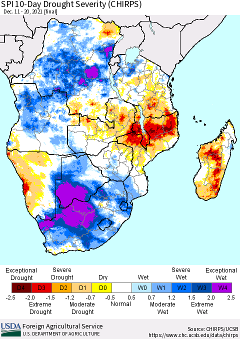 Southern Africa SPI 10-Day Drought Severity (CHIRPS) Thematic Map For 12/11/2021 - 12/20/2021