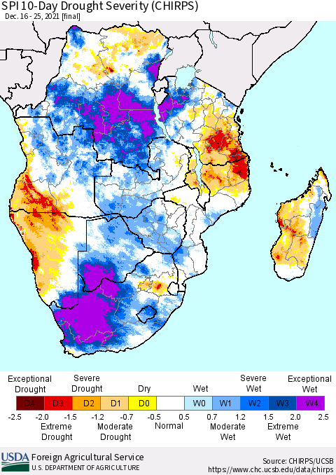 Southern Africa SPI 10-Day Drought Severity (CHIRPS) Thematic Map For 12/16/2021 - 12/25/2021